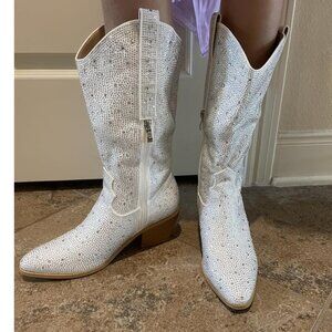 🆕Women White Rhinestone Manmade Material Mid Calf Cowgirl Pointed Toe Boots